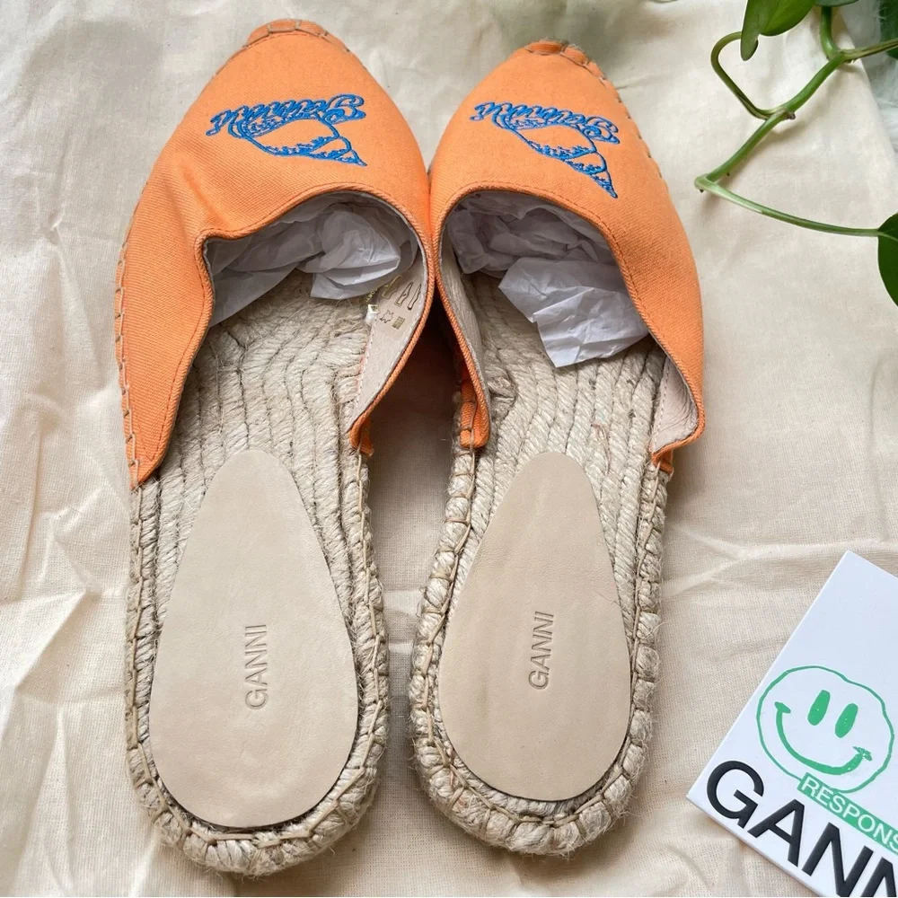 GANNI Orange Embroidered Canvas Espadrille Slippers Women’s Size 9 EU 39 NIB